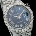 Blue Sunburst Dial Roman Numerals Fully Iced Moissanite Diamond Watch Close Up Dial View