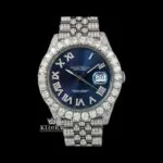 Roles Moissanite Diamond Watch with Blue Sunburst Dial and Roman Numerals