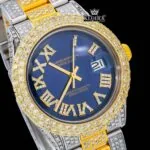 Bold Roman Markers Blue Dial Iced Out Moissanite Diamond Watch Close Up Dial View