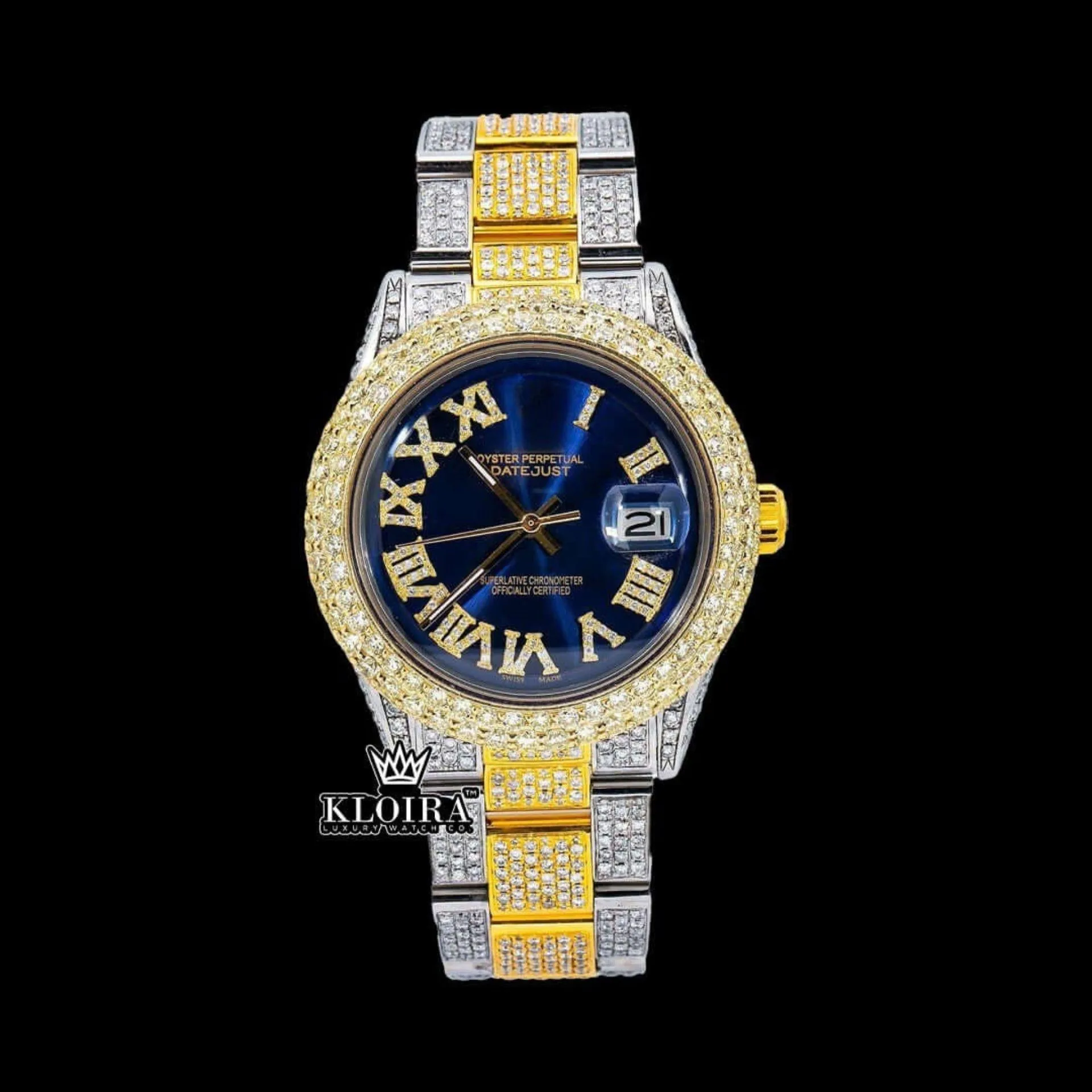 Roles Bold Roman Markers Blue Dial Moissanite Watch with Roman Numerals