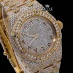 Brown Arabic Numerals Dial Fully Iced Out Yellow Gold Moissanite Watch Close Up Dial View