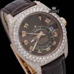Brown Dial Standard Numerals Leather Strap Semi Iced Out Moissanite Watch Close Up Dial View