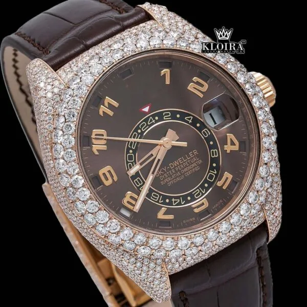 Brown Dial Standard Numerals Leather Strap Semi Iced Out Moissanite Watch Close Up Dial View