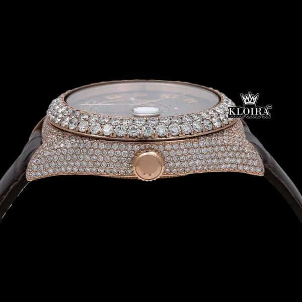 Brown Dial Standard Numerals Leather Strap Semi Iced Out Moissanite Watch Crown View
