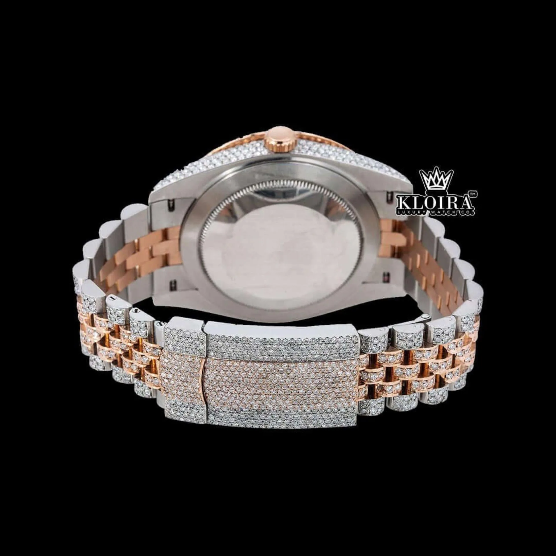 Brown Dial Stick Markers Two Tone Diamond Link Strap Moissanite Watch Caseback View