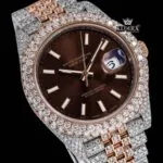 Brown Dial Stick Markers Two Tone Diamond Link Strap Moissanite Watch Close Up Dial View