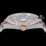 Brown Dial Stick Markers Two Tone Diamond Link Strap Moissanite Watch Crown View