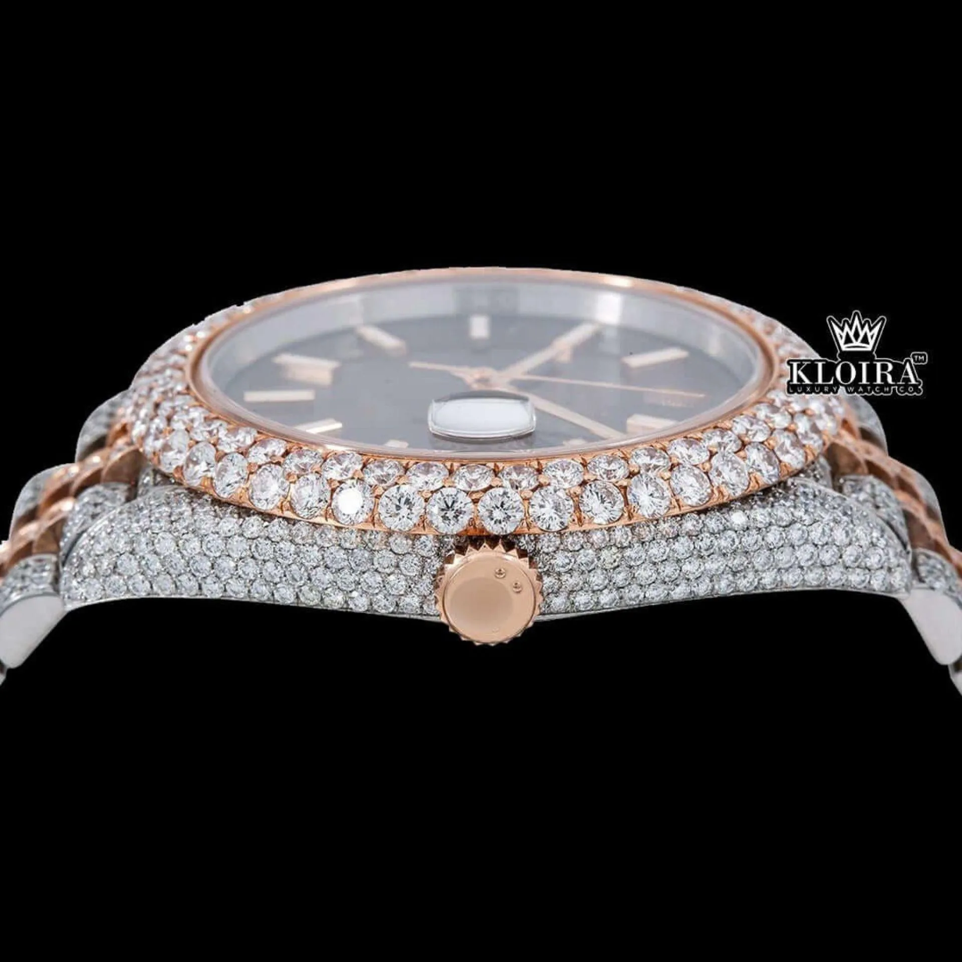 Brown Dial Stick Markers Two Tone Diamond Link Strap Moissanite Watch Crown View