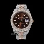 Roles Brown Dial Stick Markers Moissanite Watch with Two Tone Diamond Link Strap