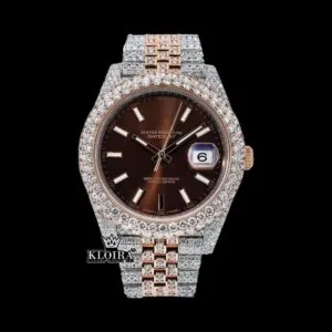 Roles Brown Dial Stick Markers Moissanite Watch with Two Tone Diamond Link Strap