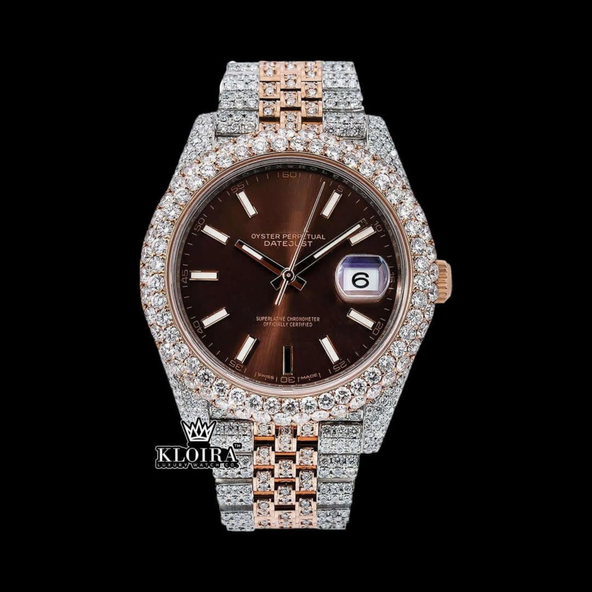 Roles Moissanite Watch featuring a brown dial and two-tone diamond link strap