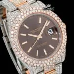 Brown Dial White Stick Markers Bust Down Moissanite Diamond Watch Close Up Dial View