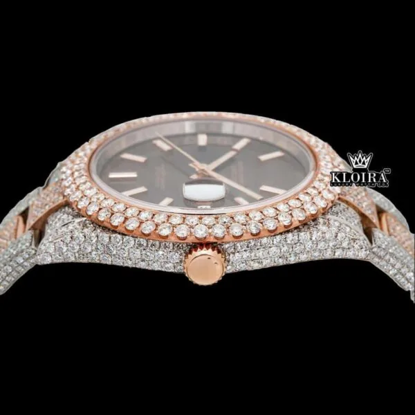 Brown Dial White Stick Markers Bust Down Moissanite Diamond Watch Crown View