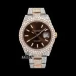 Roles Brown Dial Moissanite Diamond Watch with White Stick Markers