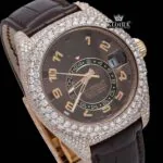 Brown Leather Strap Brown Dial Semi Iced Out Moissanite Diamond Watch Close Up Dial View