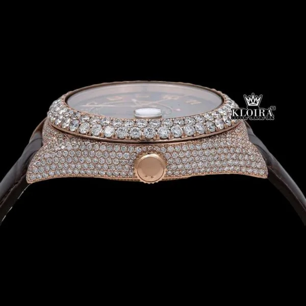 Brown Leather Strap Brown Dial Semi Iced Out Moissanite Diamond Watch Crown View