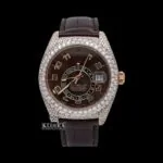 Roles Sky-Dweller Moissanite Diamond Watch with Brown Leather Strap and Semi-Iced Dial