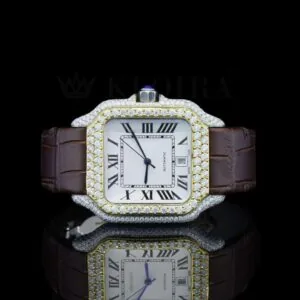Cartior Santos Automatic Tourbillon Watch with Brown Leather Strap & Lab-Grown Diamonds