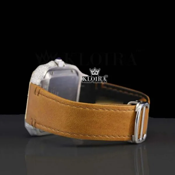 Brown Leather Strap Roman Numerals Moissanite Diamond Watch Back Side Cross View
