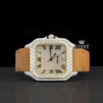 Cartior Santos Moissanite Diamond Watch with Brown Leather Strap and Yellow Dial