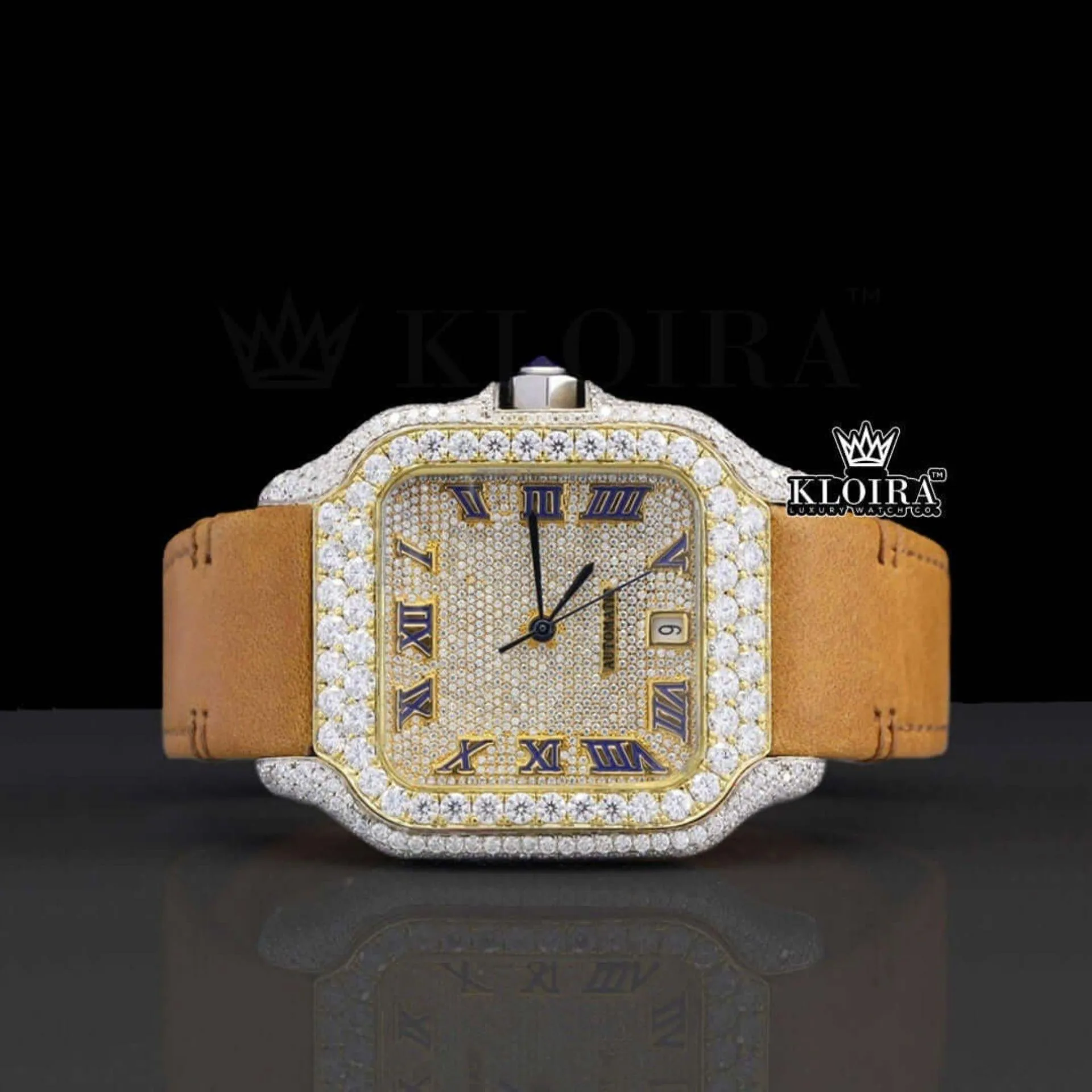 Cartior Santos Moissanite Diamond Watch with Brown Leather Strap and Yellow Dial