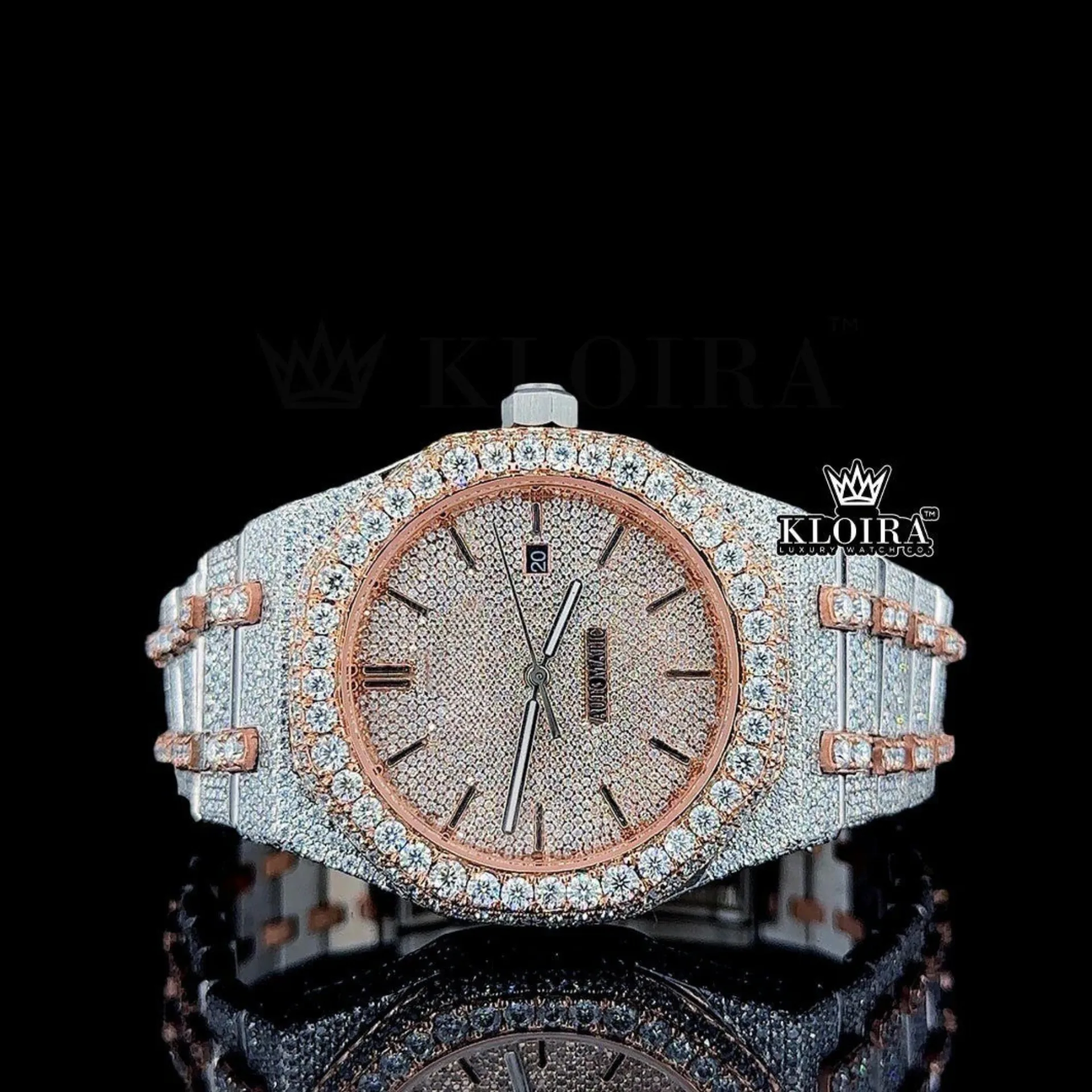AP Bust Down Royal Oak Two Tone Moissanite Watch with Rose Gold and White Gold Details