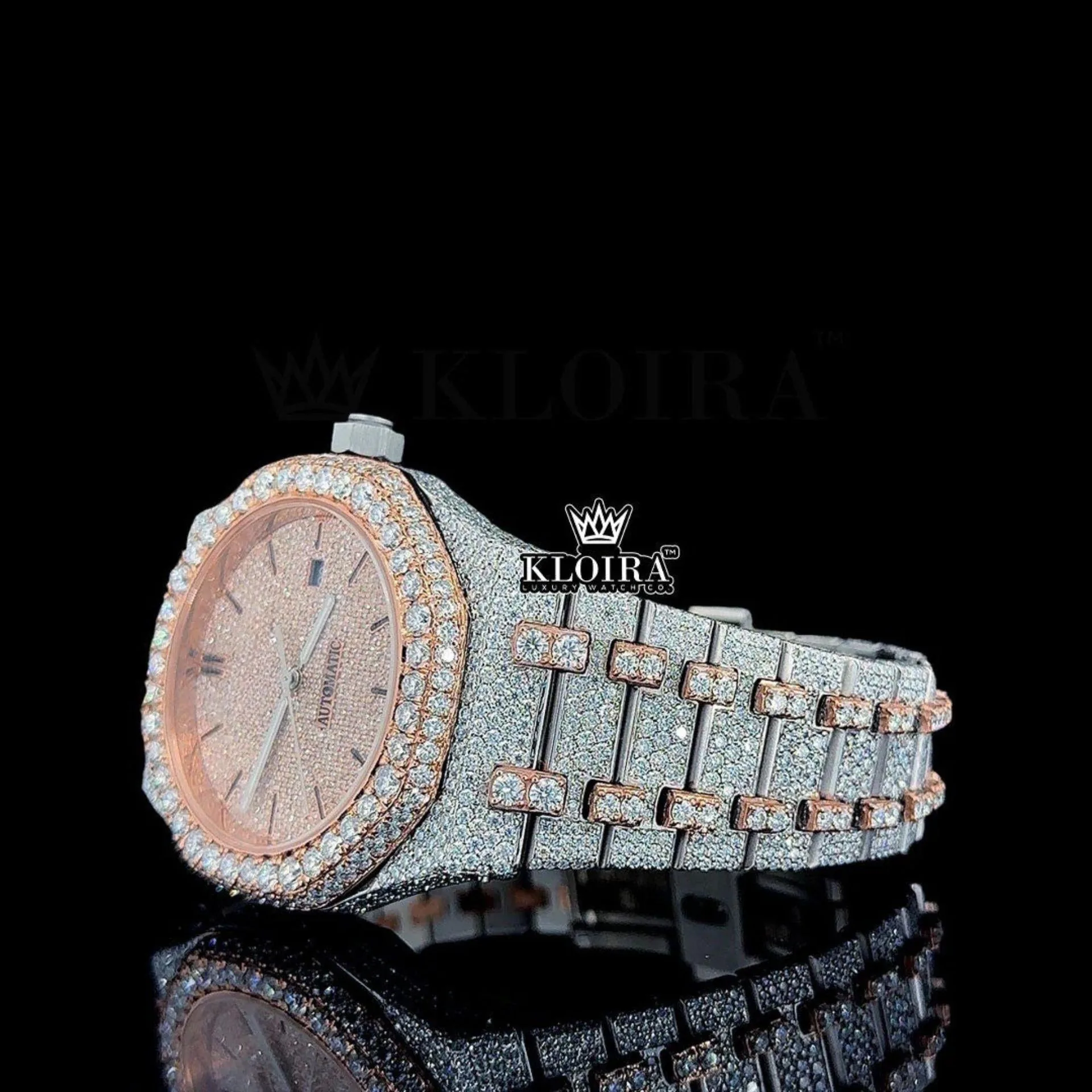 Bust Down AP Two Tone Moissanite Diamonds Watch Left Profile View