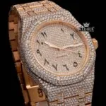 Bust Down Arabic Numerals Rose Gold Dial Moissanite Diamond Watch Close Up Front View