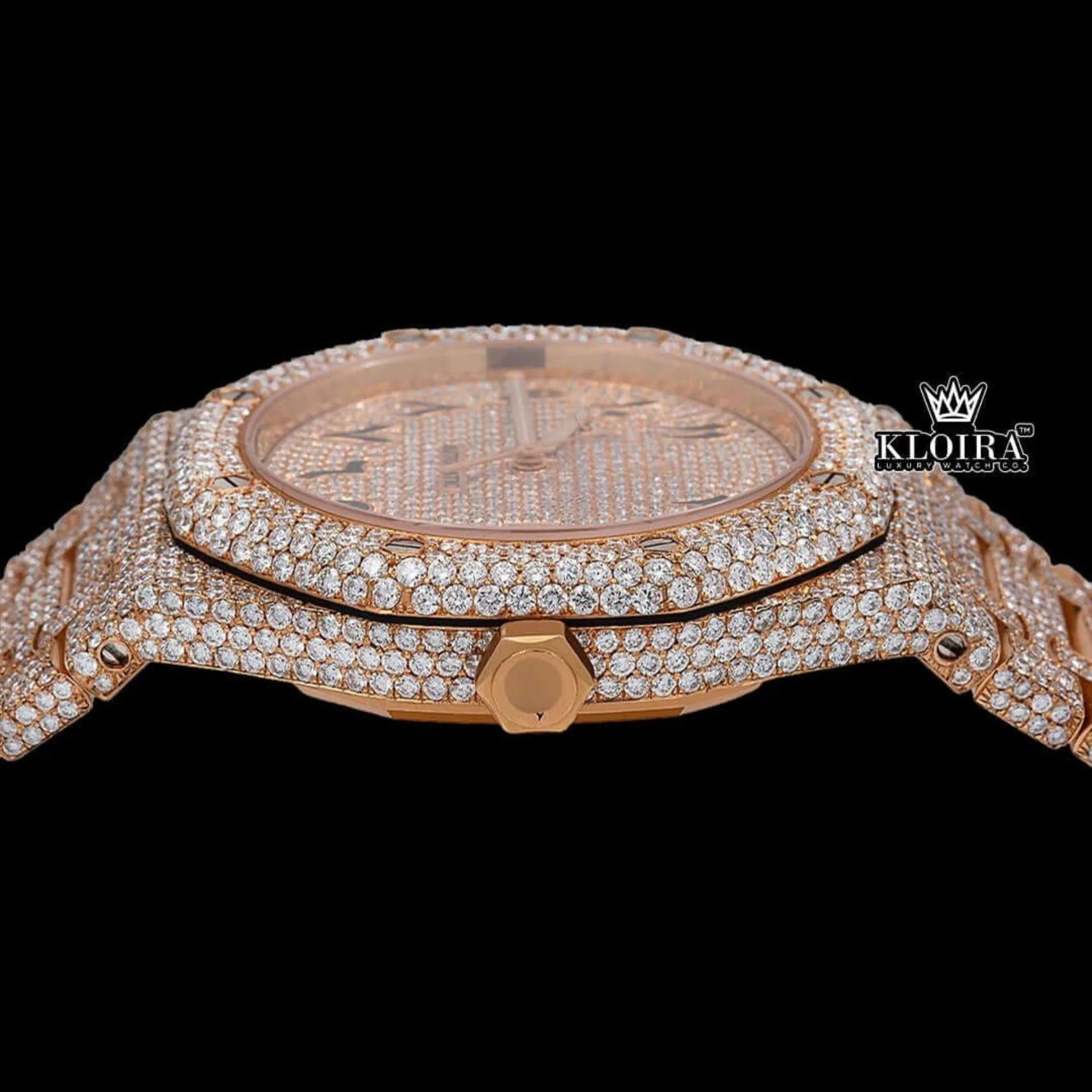 Bust Down Arabic Numerals Rose Gold Dial Moissanite Diamond Watch Crown View