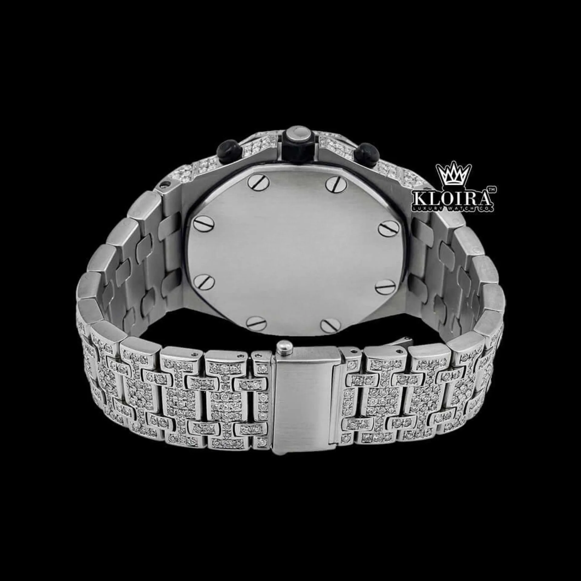 Bust Down Black Dial Chronograph Moissanite Diamond Watch Caseback View
