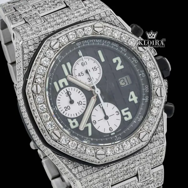 Bust Down Black Dial Chronograph Moissanite Diamond Watch Close Up Dial View