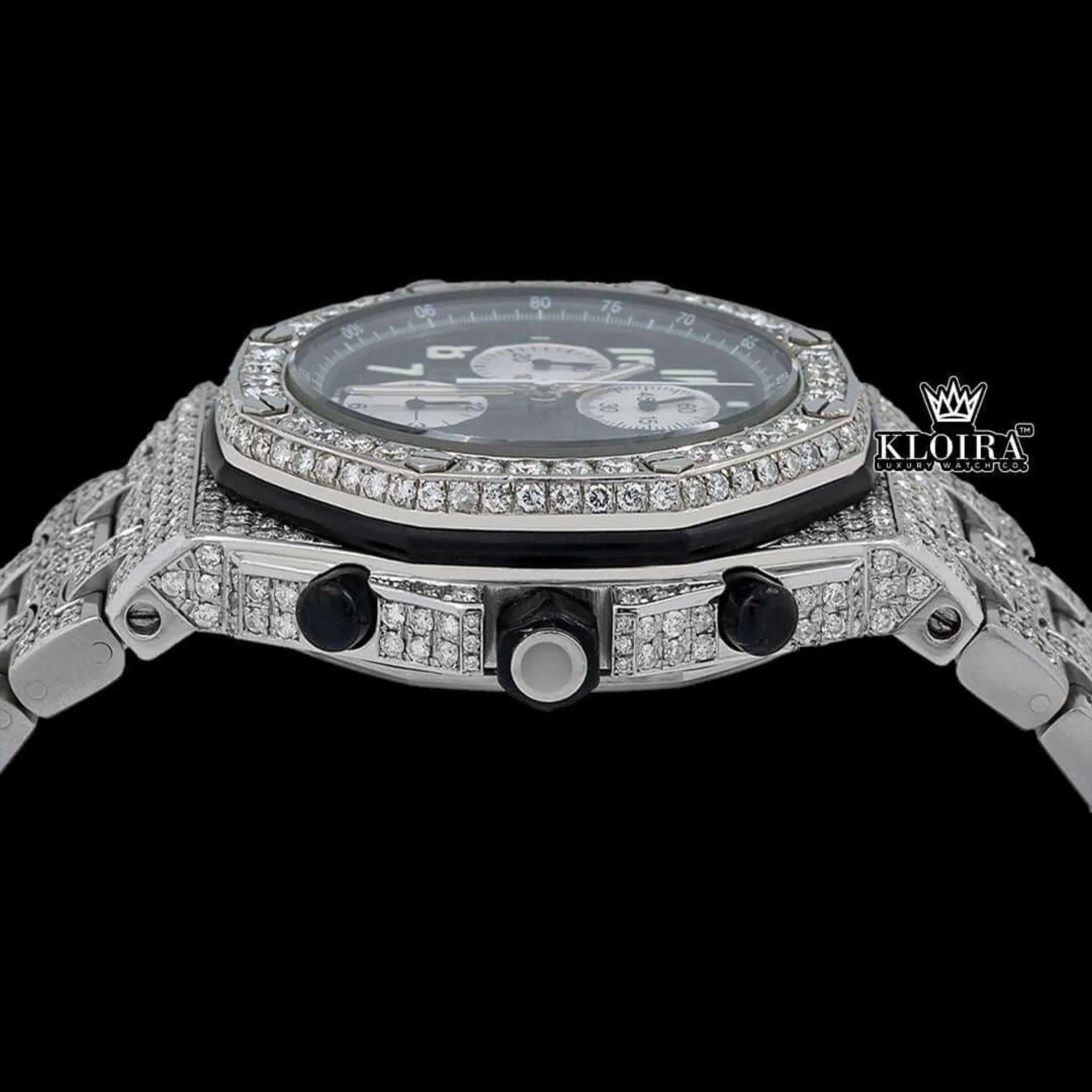 Bust Down Black Dial Chronograph Moissanite Diamond Watch Crown View