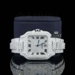 Bust Down Black Roman Numerals White Dial Moissanite Diamond Watch Front Close Up View