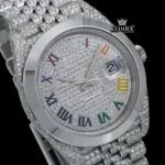 Bust Down Rainbow Roman Numerals Silver Moissanite Diamond Watch Close Up Dial View