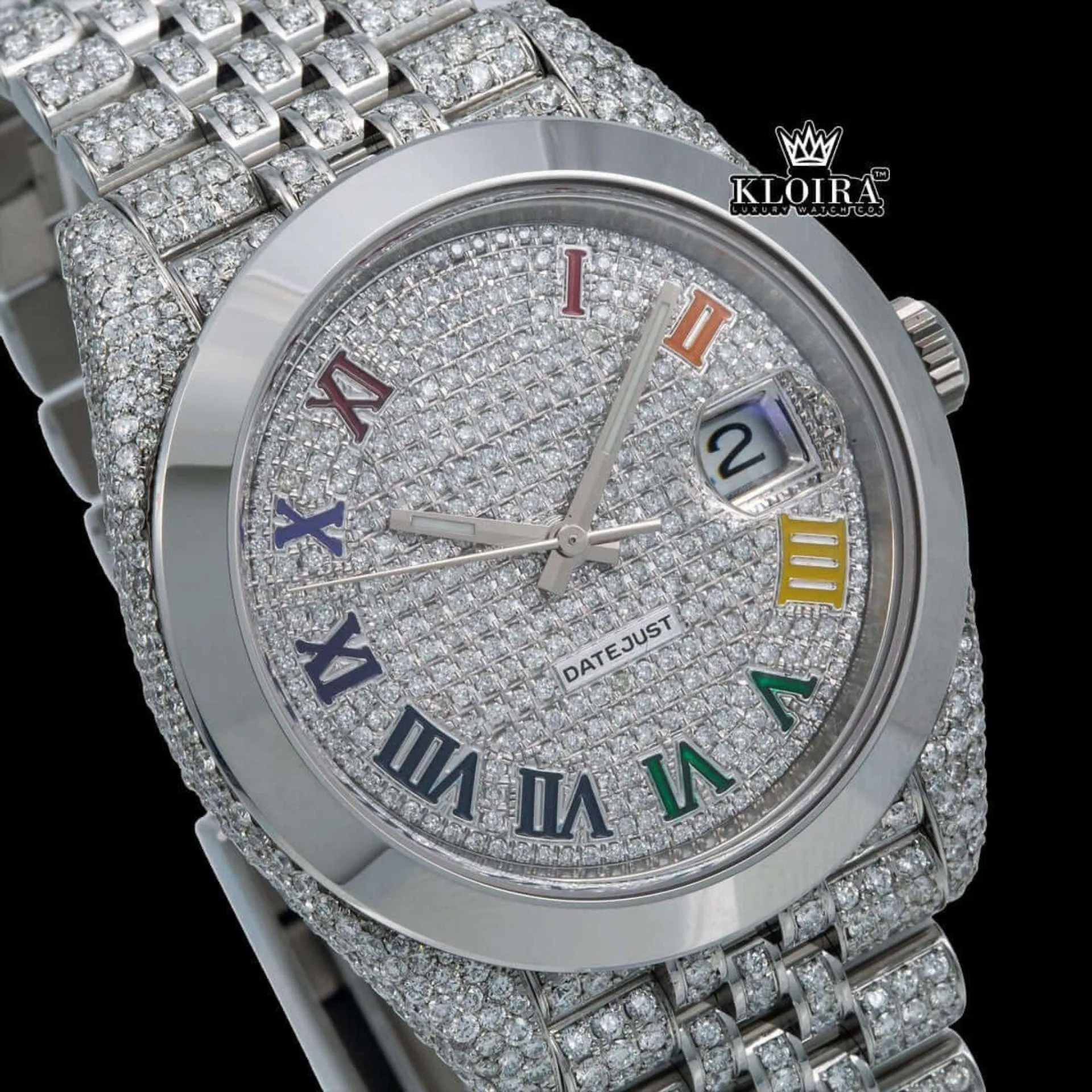 Bust Down Rainbow Roman Numerals Silver Moissanite Diamond Watch Close Up Dial View
