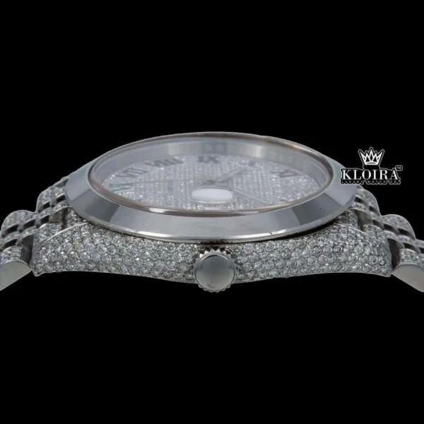 Bust Down Rainbow Roman Numerals Silver Moissanite Diamond Watch Crown View
