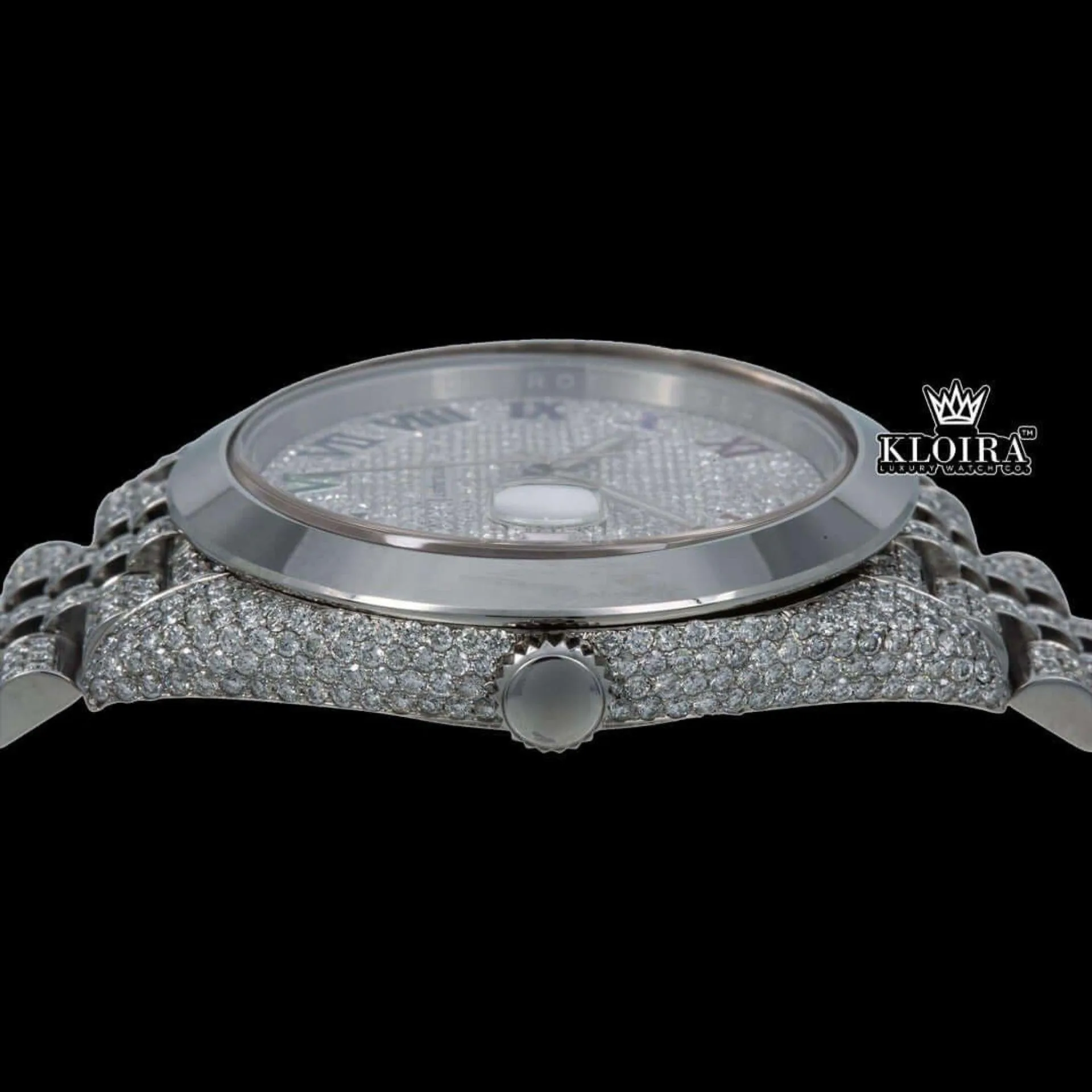 Bust Down Rainbow Roman Numerals Silver Moissanite Diamond Watch Crown View