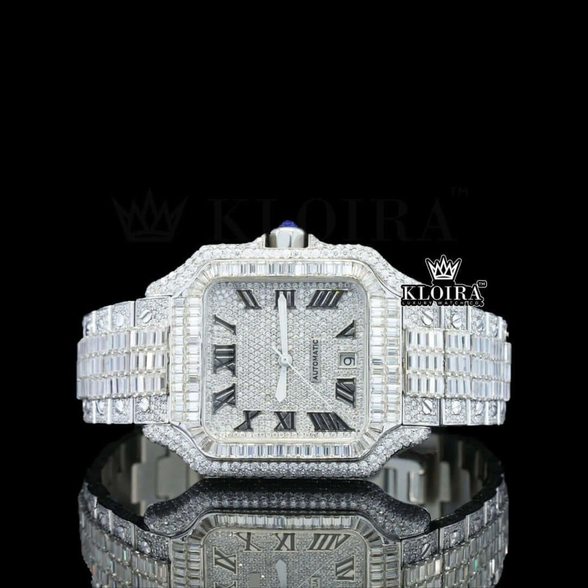 Cartior Bust Down Roman Numerals Baguette Moissanite Watch with gold plating and baguette stones