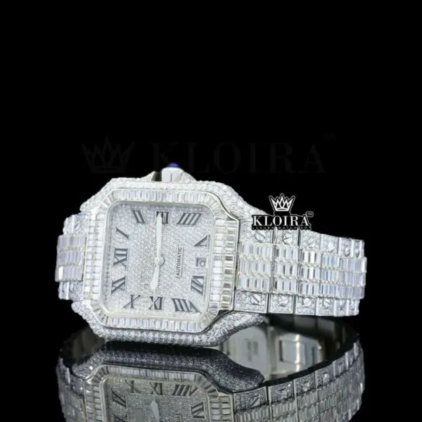 Bust Down Roman Numerals Baguette Moissanite Diamond Watch Left Profile View