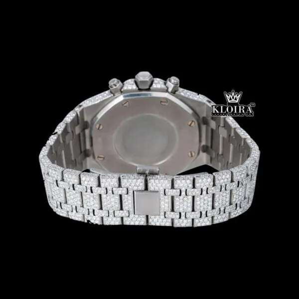 Bust Down Silver Dial Stick Markers Chronograph Moissanite Diamond Watch Caseback View