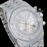 Bust Down Silver Dial Stick Markers Chronograph Moissanite Diamond Watch Close Up Dial View
