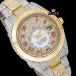 Bust Down Two Tone Yellow Dial Roman Numerals Fluted Bezel Moissanite Watch Close Up Dial View