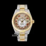 Bust Down Two Tone Yellow Dial Roman Numerals Fluted Bezel Moissanite Watch Front View