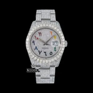 Roles Bust Down Moissanite Diamond Watch with White Dial and Rainbow Arabic Numerals