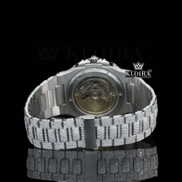 Bust Down White Dial Stick Markers Lab Grown Diamond Watch Close Up Caseback View