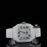 Cartior Moissanite Watch with Black Roman Numerals and White Dial