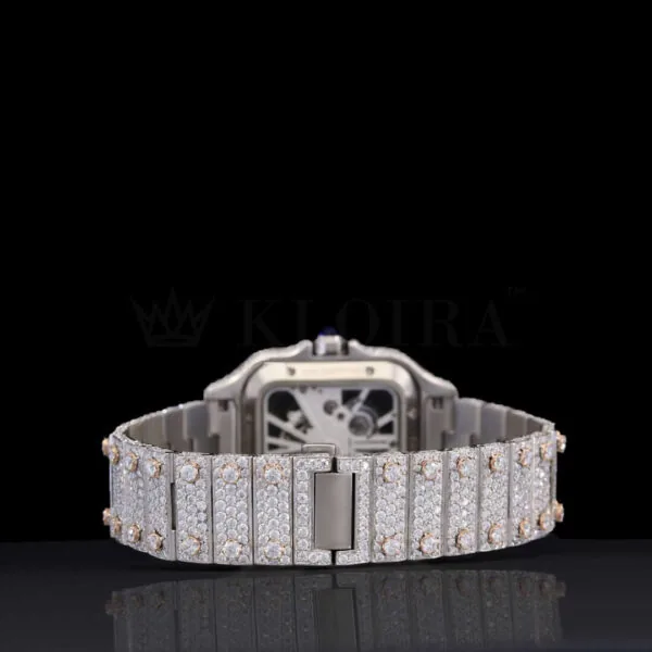 Cartior Natural Diamond Skeleton Watch Iced Out 42mm featuring a luxury diamond bracelet and clasp back view.