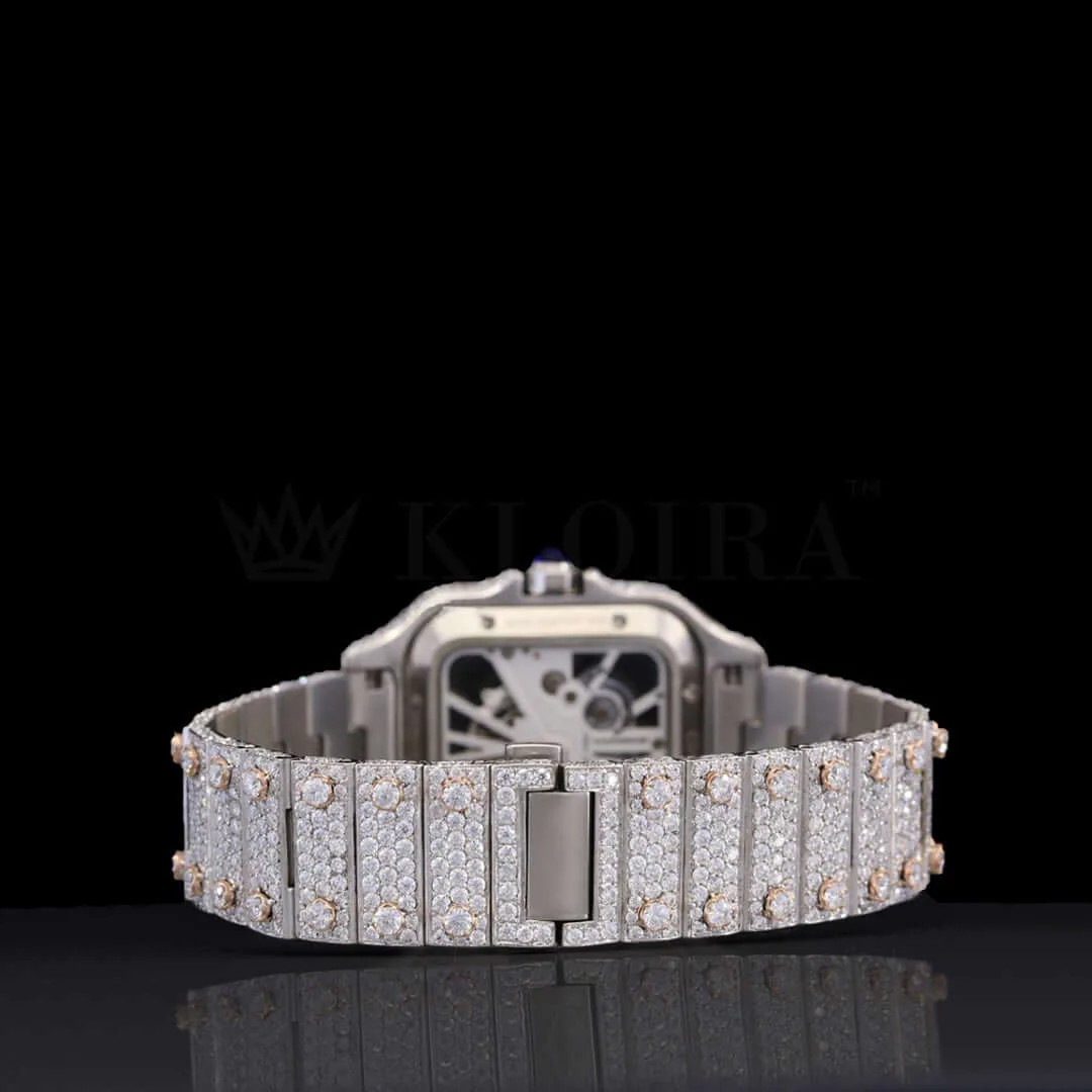 Cartior Natural Diamond Skeleton Watch Iced Out 42mm featuring a luxury diamond bracelet and clasp back view.