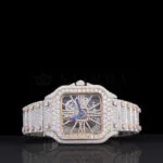 Cartior Natural Diamond Skeleton Watch 42mm with transparent dial and full diamond bezel front view.