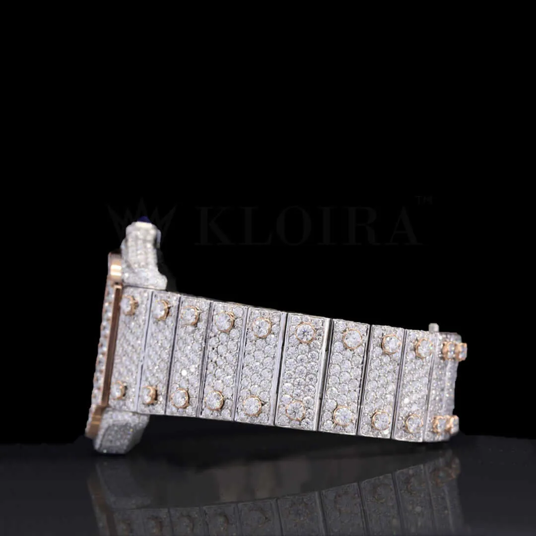 Cartior Natural Diamond Skeleton Watch Iced Out 42mm with detailed diamond links and elegant side profile left side view.